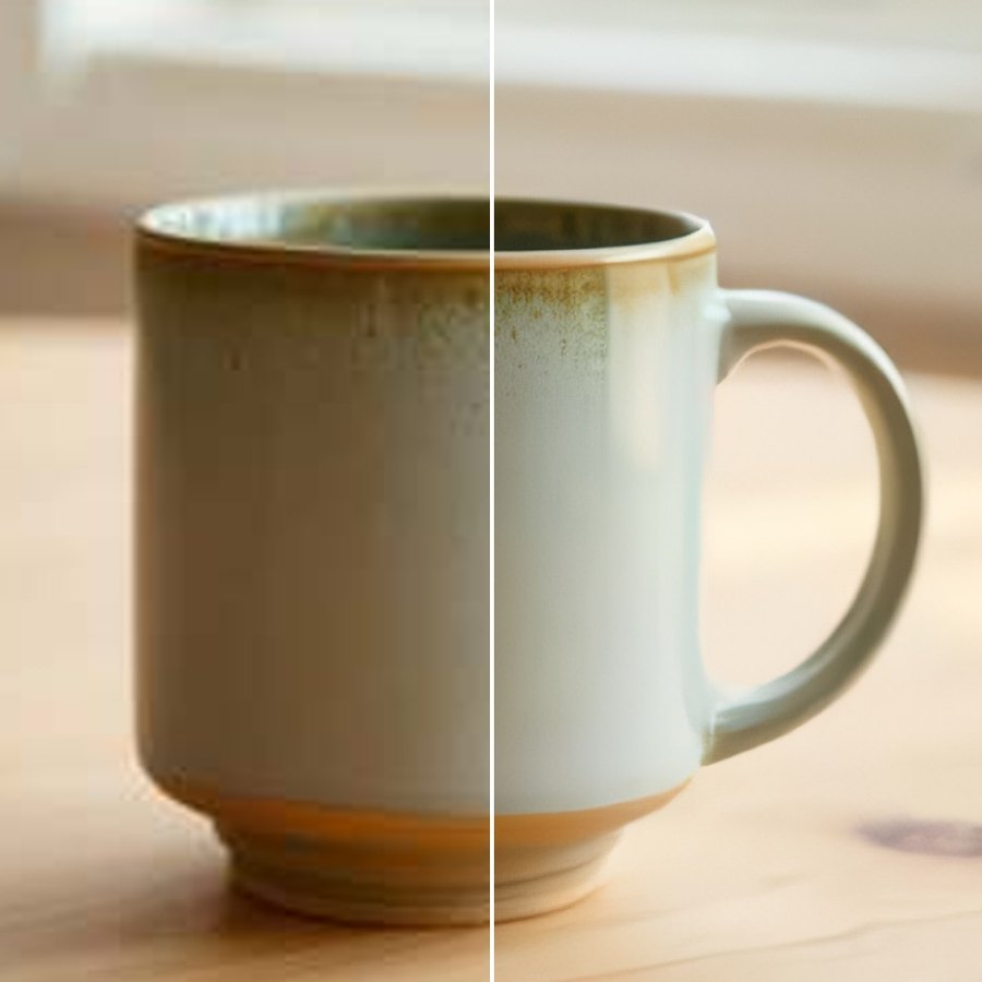 A coffee mug photo: left half the 360-pixel original enlarged, right half the AI upscale